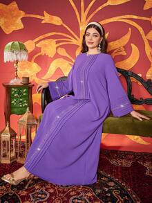 Plus Size Elegant Diamond-Decor Long Dress, Spring & Summer - Purple - View 7