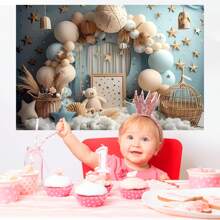 1 pezzo Arco di palloncini, cesta di bambù a forma di orso, sfondo per torta di compleanno, forniture per tavolo, decorazione per parete di stanza per festa di compleanno, telo di sfondo studio, senza alimentazione, dimensioni 210 x 150 / 150 x 100 / 100 x 75 cm