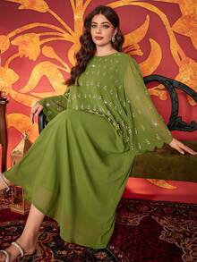 Plus Size Women Rhinestone Embellished Round Neck Solid Color Elegant Maxi Modest Dress (Pearls Randomly Placed, Position May Vary)