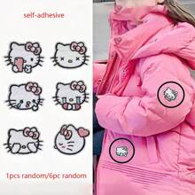 Sanrio 1pc/6pcs Cartoon Hello Kitty Fabric Sticker Embroidery Label Cute Patch For Clothes, Self-Adhesive Waterproof Decal, Suitable For All Kinds Of Clothing. (Random Style)