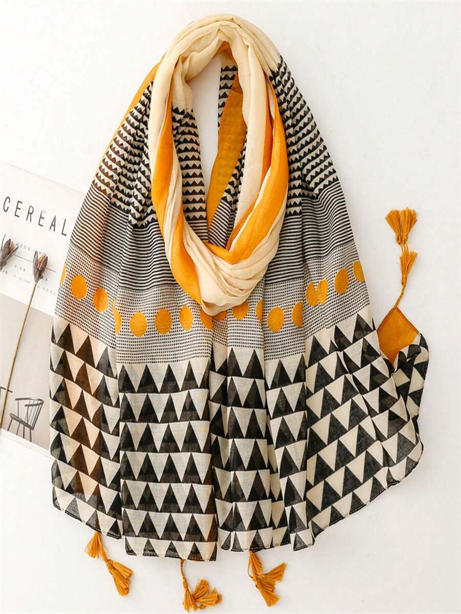 新款透气流苏披肩，优雅时尚丝巾，女士春夏亮丽长围巾，户外防晒沙滩披肩，百搭头巾 - 彩色 - 查看 1