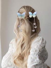 2pcs Women's Simpilistic Elegant Butterfly Tassel Hair Clips, Suitable For Daily Wear