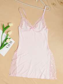 Pink Lace Trimmed Bow Decorated Side Slit Cami Slip Dress - Pink - View 7