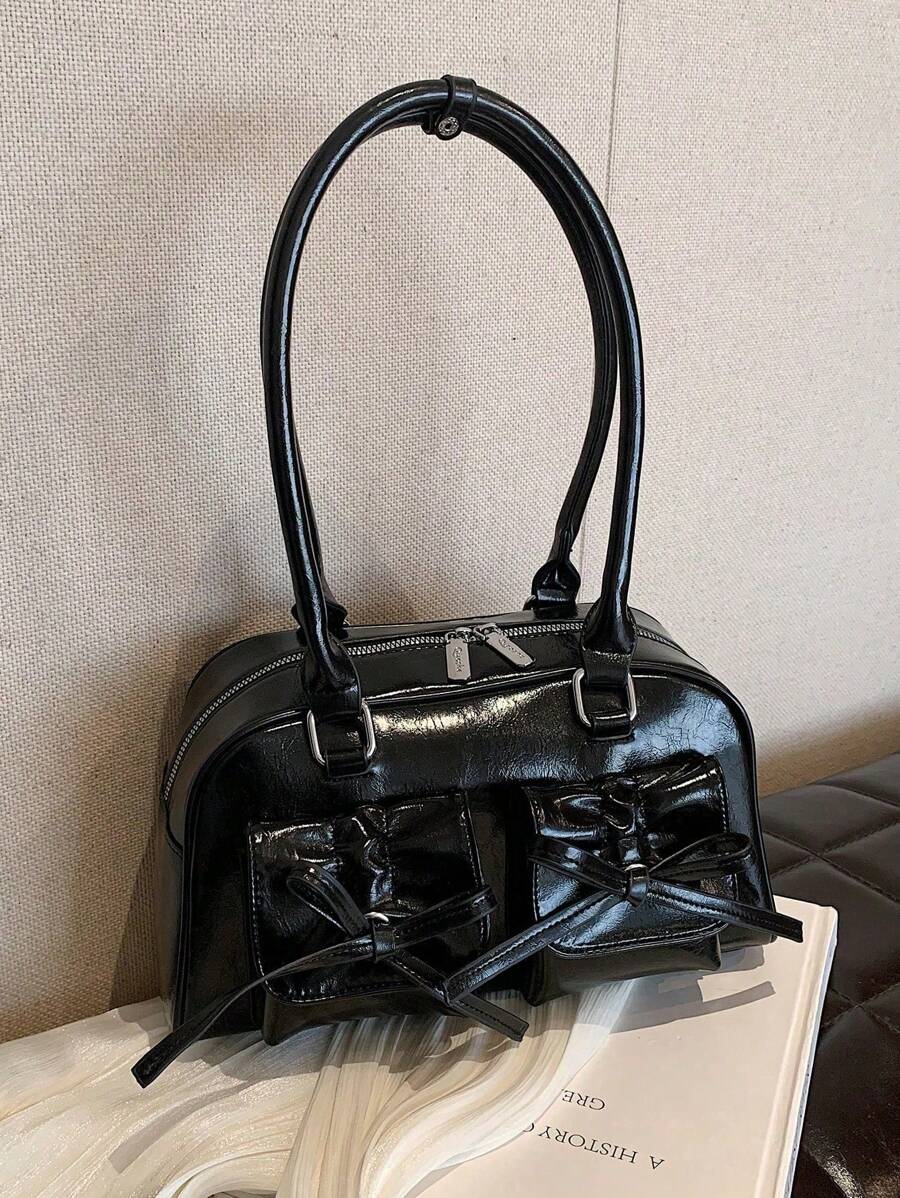 1 件女士休闲手提包，大容量 PU 办公手提包，带多个口袋，时尚简约单肩包 - 黑色 - 查看 1