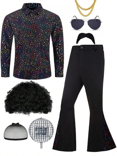 1 Set MEN's Disco Costume Vintage 80s/70s/90s Cosplay New Arrival 1970s Party Stage Performance With Hair,Necklace And Other Accessaries Christmas Party