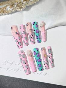 10 Pcs Of Handmade Nail Set, Super Rectangular Pink Coffin Shape, Classic French, Alloy Faux Pearl Accessories, Sexy And Cute, Suitable For Women, Girls' Parties, Travel, Festivals, Gift For Friends Diy Nail Art Set, Reusable.