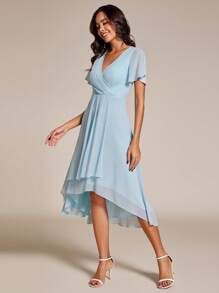 EVERPRETTY Elegant Ruffle Hem Contrast Color High-Low A-Line Mid-Length Chiffon Light Blue Bridesmaid Dress, Wedding Guest Dress, Autumn