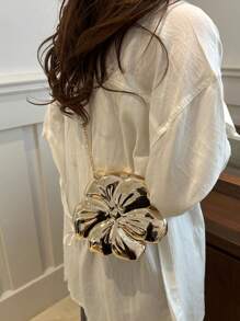 Luxury Shiny ABS Material Flower Shaped Mini Clutch Handbag Buckle Metal Bead Chain Shoulder Bag Women Party Charming Gift, Suitable For Dating, Shopping, Going Out, Commuting, Daily Matching, Fashion Niche Design, Women Bag, Valentine's Day Gift, Exquisite Floral Bag For Women - Gold - View 7