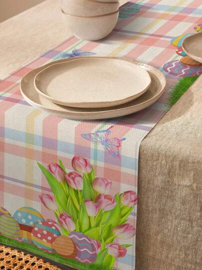 1 件兔子和鸡蛋图案桌旗，复活节家居装饰桌旗，室内/户外派对用品，房间装饰。适用于复活节家庭厨房装饰和复活节派对装饰