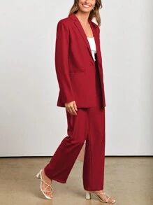 Women's Spring Two-Piece Work Suit Casual Loose Long Suit Jacket And Formal Wide Leg Pant Suit With Pockets - 紅色 - 查看 6