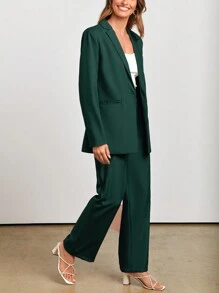 Women's Spring Two-Piece Work Suit Casual Loose Long Suit Jacket And Formal Wide Leg Pant Suit With Pockets - 墨綠色 - 查看 5