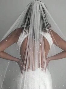 单层薄纱珍珠婚纱头纱，教堂式长度，适合派对、女士秋季服装、情人节配饰。 - 象牙色 - 查看 3