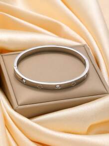 3pcs Silver Glitter Clover Zirconia Encrusted Bangle Bracelet Set, Suitable For Women's Daily Wear