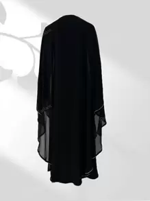 2pcs/Set Muslim Fashion Outfit - 1pc Elegant Loose Rhinestone Trim Chiffon Muslim Long Robe, 1pc Knitted Underskirt Dress, Modest