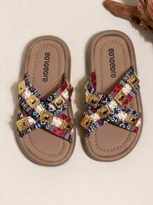 1 paar PU-streep strass decor instappers voor meisjes, schattig en modieus, geschikt voor de zomer