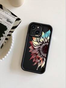 1pc Fashionable Colorful Semi-Flower Anti-Fingerprint Black Non-Slip Sandstone Phone Case, Compatible With Apple//Redmi/OPPO/Realme/Infinix