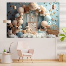1 pezzo Arco di palloncini, cesta di bambù a forma di orso, sfondo per torta di compleanno, forniture per tavolo, decorazione per parete di stanza per festa di compleanno, telo di sfondo studio, senza alimentazione, dimensioni 210 x 150 / 150 x 100 / 100 x 75 cm