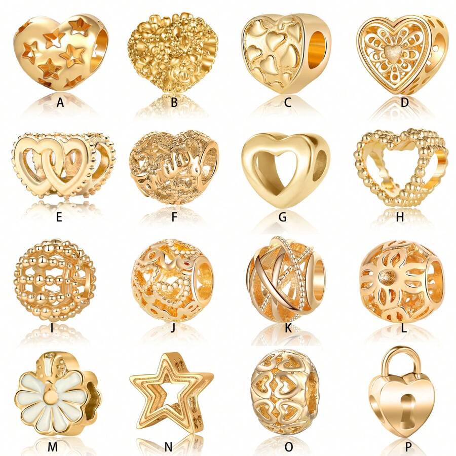 1 件镂空金色油滴星心花双心爱心圆形串珠爱心锁，DIY 手链项链配件 - 金黃色 - 查看 1