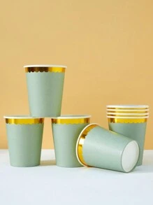 10 piezas/25 piezas Vasos de papel desechables, vasos de papel con borde floral verde salvia y dorado, adecuados para fiestas de cumpleaños, reuniones familiares, picnics, decoración de fiestas - Multicolor - Ver 3