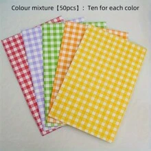 50个/包可爱格子礼品袋，带不干胶标签，方底纸袋，用于桌面存储和包装