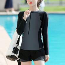 Bañador Mujer Split Protección Solar Secado Rápido Surf, Traje De Baño Deportivo Mujer Natación,Traje De Baño Con Manga Larga Mujer Protec Uv - negro y gris - Ver 5