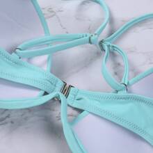 Hot 2022 New Set Of Women Bikini Push-Up Bra Swimsuit Solid Color Adjustable Thin Shoulder Strap Underwire Bra + Thong Beachwear - 藍色 - 查看 8