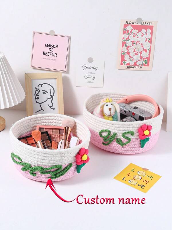 Personalisierter handgefertigter Namenskorb aus Gewebe, DIY Make-up Spielzeugkorb Geschenke zum Valentinstag für Baby, geeignet für Wohnzimmer Schlafzimmer Nachttisch Tischorganizer, Kinderbett Zubehör, Krankenhausausrüstung, grauer Aufbewahrungskorb, kleiner Korb, Haushaltsspeicher, Badezimmerspeicher, Küchenkorb