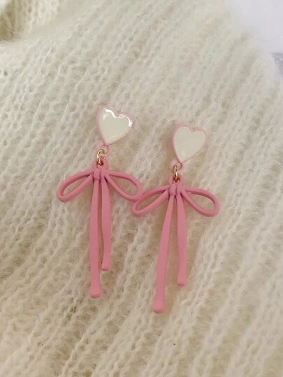 1 对，甜美可爱粉色心形蝴蝶结耳环，适合女士，时尚小众设计，春季耳环，情人节礼物，情人节耳环，适合约会，日常通勤佩戴，妈妈，母亲，母亲节，礼物