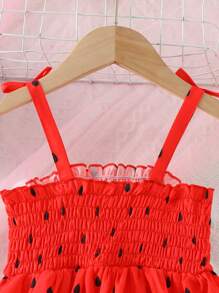 少女西瓜印花吊带连衣裙，甜美时尚新款夏季设计，2025年 - 紅色 - 查看 6
