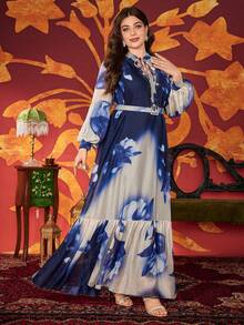 Plus Size Tie Neck Beaded Accent Front Petal Sleeve Tie Dye Elegant Long Dress (Random Cut)