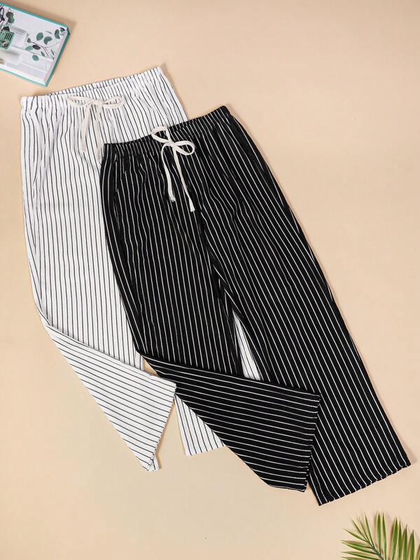 2pcs Women Summer Casual Plisse Vertical Stripe Ice Silk Knitting Pajama Pants, Spring/Summer/Autumn