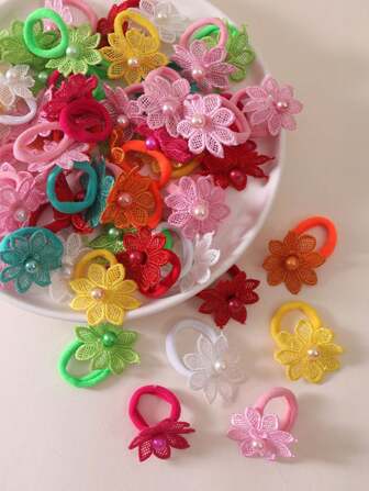 30pcs/Set Girls Lace Flower & Pearl Hair Scrunchies, Random Color, Suitable For Daily Wear