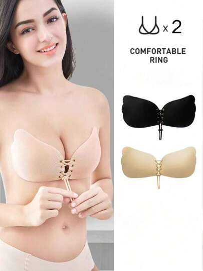 2 pares de pegatinas de seno con cordón para mujeres, colgados para vestidos de novia recogidos y levantados, pegatinas de silicona antidescolgamiento para el busto, ropa interior invisible sin tirantes