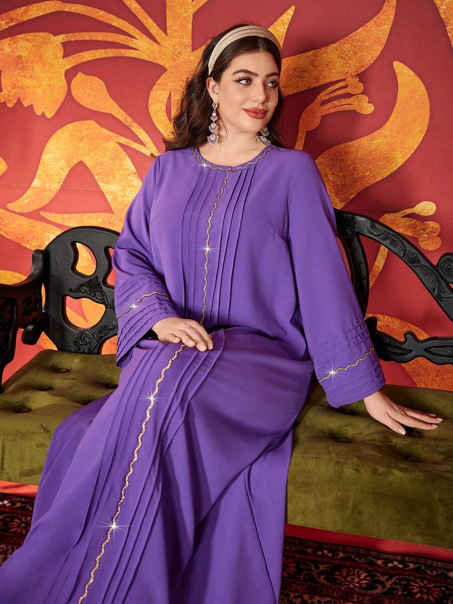 Plus Size Elegant Diamond-Decor Long Dress, Spring & Summer - Purple - View 1