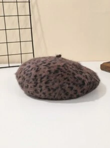 1 pièce Béret en tricot rétro sexy et moelleux avec imprimé léopard bicolore pour femme. Chaud pour l'automne, convient pour une sortie quotidienne et pour assortir - Imprimé léopard en peluche - Voir 13