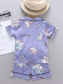 Conjunto de Pijama Infantil Feminino com Camisola Curta de Seda de Gelo e Calça, 2 Peças, Roupa Casual para Criança e Menina Pequena