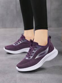 New Spring/Autumn Plus Size Versatile Light Weight Mesh Breathable Casual Running Shoes, Women Sports Shoes, Soft Bottom Soft Upper Jogging Shoes, Purple Mesh Flats, Women's Fashionable Comfy Travel Shoes, Low-Top Round Toe Lace-Up Mesh Sneakers, Women's Walking Shoes, Women's Road Running Shoes