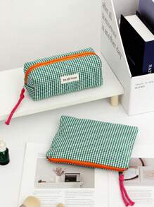 1Pc/Set Plaid Design Green Color Contrast With String Multi-Functional Cosmetic Organizer Handbag Bath Shower Wallet Pouch Portable Cosmetics Brush Storage Clutch With Zipper Closure For Lipstick, Brush, Skincare, Mobile Phone, Coin, Small Items Summer Travel, Vacation Home Bathroom Decor Holiday Bathroom Accessories Back To School