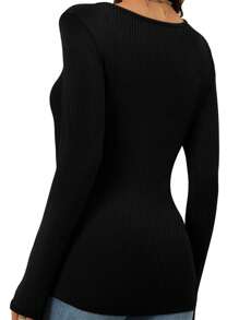 HIGHFINE Women's Long Sleeve Casual Square Neck Shirt Basic Slim Fit T-Shirt Top - 黑色 - 查看 2