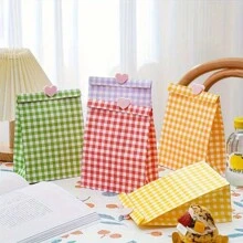 50个/包可爱格子礼品袋，带不干胶标签，方底纸袋，用于桌面存储和包装
