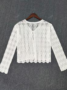 Women's Summer Beach Cover Up Cardigan - Hollow Out Knitwear Top With Bowknot , V-Neck Loose Drop Shoulder Design, Lightweight Vacation Kimono, Bikini Women Crochet Crop Tops Tie Front Bell Long Sleeve Knit Shrug Shrugs Girl's Knitted Plus Size Flounce, Spring Summer Fall