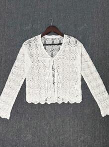 Women's Summer Beach Cover Up Cardigan - Hollow Out Knitwear Top With Bowknot , V-Neck Loose Drop Shoulder Design, Lightweight Vacation Kimono, Bikini Women Crochet Crop Tops Tie Front Bell Long Sleeve Knit Shrug Shrugs Girl's Knitted Plus Size Flounce, Spring Summer Fall