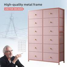 Pink Dresser For Bedroom 12 Drawer Dresser With Wooden Top & Metal Frame Tall Dressers For Bedroom Dressers & Chest Of Drawers For Bedroom,Closet,35" L X 12" W X 52" H Pink - Pink - View 6