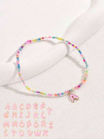 1pc Elegant Colorful Elastic Beaded Letter Anklet, Designed For Girls, Novelty & Cute, 26 Alphabet Beaded Pendant Anklet, Suitable As Gift For Friends