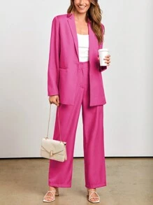 Women's Spring Two-Piece Work Suit Casual Loose Long Suit Jacket And Formal Wide Leg Pant Suit With Pockets - Màu Hồng Tươi - Xem 3