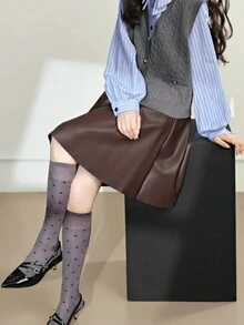 韩版高腰修身棕色皮裙，时尚优雅迷你裙，春秋 - 咖色 - 查看 5