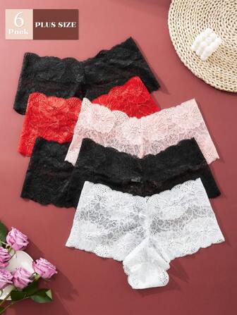 6pcs/Set Plus Size Women Breathable Lace Floral Trim Sexy Triangle Briefs