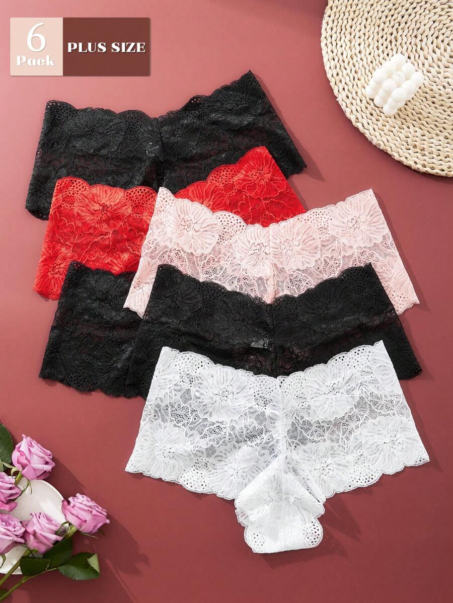 6pcs/Set Plus Size Women Breathable Lace Floral Trim Sexy Triangle Briefs - Multicolor - View 1