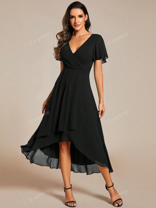 EVERPRETTY Vestido de dama de honor de gasa elegante con volantes, bajo asimétrico y línea A hasta la rodilla en color negro para boda, invitada de boda, vacaciones, madre de la novia