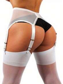 Women High Waist Garter Belt, Sexy Lingerie Suspender Elastic Belt Lace Mesh Suspender Belt With Metal Clip For Stockings - 白色 - 查看 1
